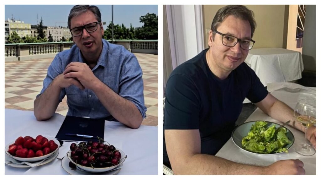 Aleksandar Vučić jede trešnje i jagode na jednoj i zelenu pastu na drugoj slici
